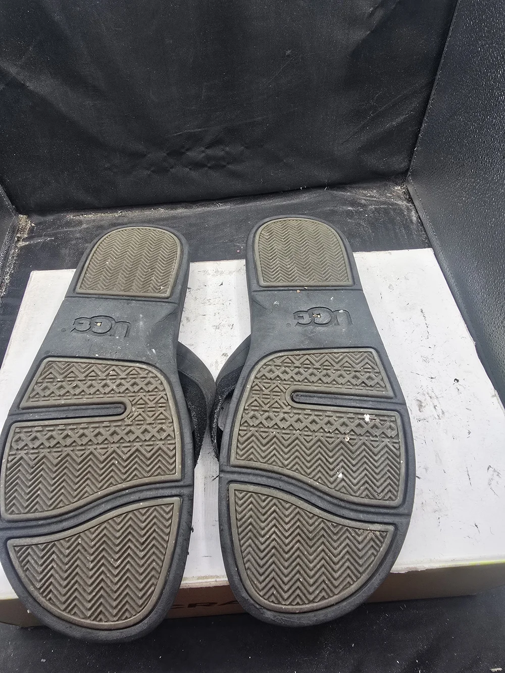 UGG Black Leather Strap Flip Flops with Wood-Effect Footbed